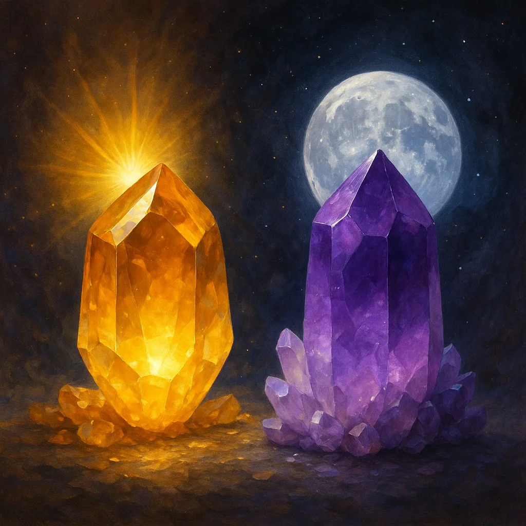 Citrien en Amethist edelstenen - zon en maan energie in kristallen